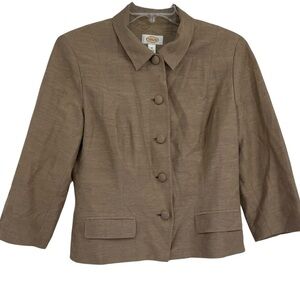TALBOTS Blazer Size 12 Jacket Button Front Taupe Collared Silk/linen Brocade